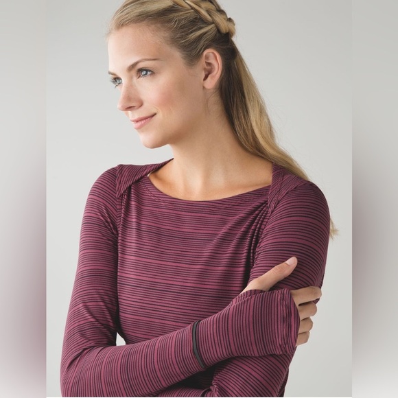Lululemon Stripe Wine Berry Black Kanto Catch Me LS Thumbhole Slim Rulu Top SZ 6 - Picture 1 of 13